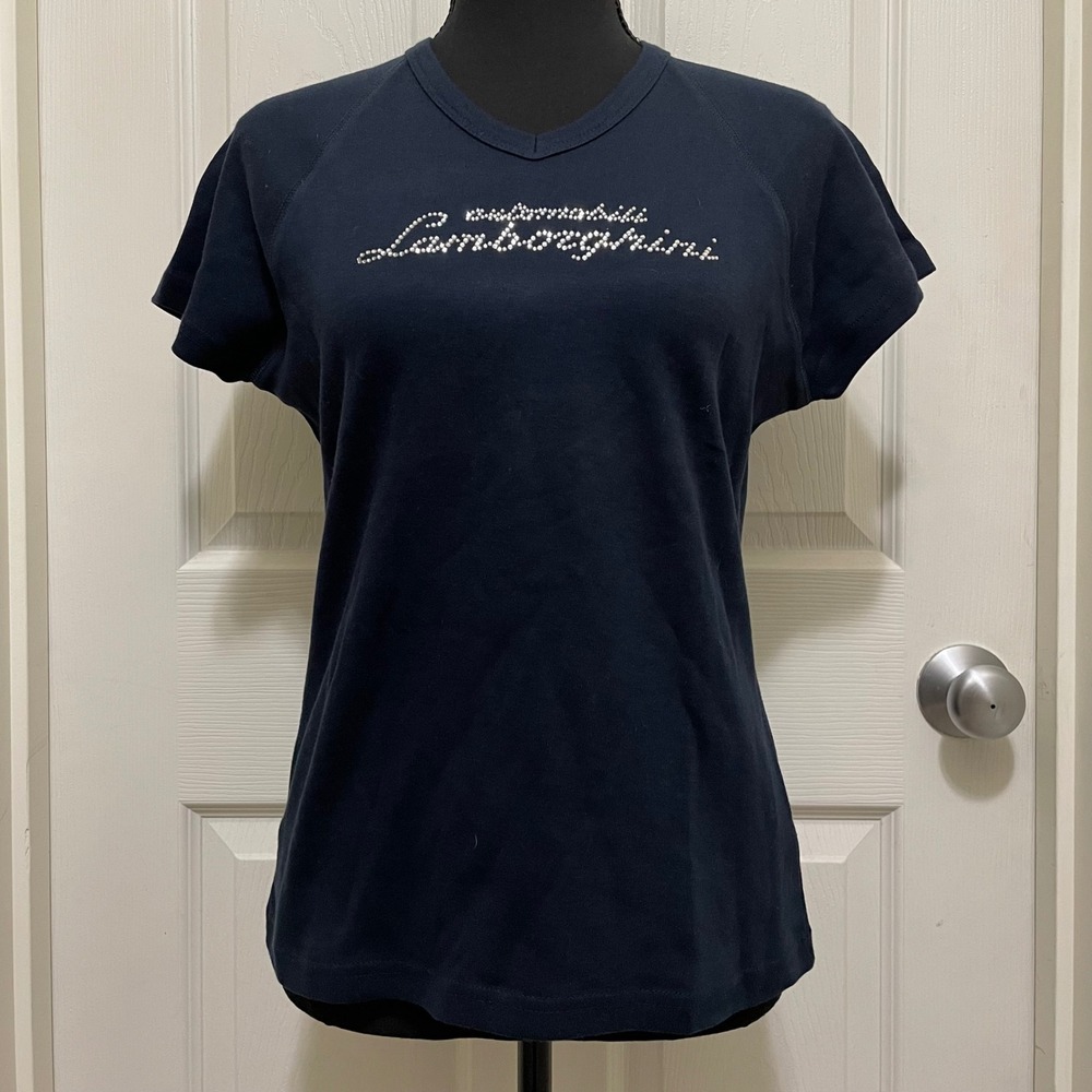 NEW Automobili Lamborghini‎ T-Shirt Rhinestone Logo V-Neck Top Large NWT McBling